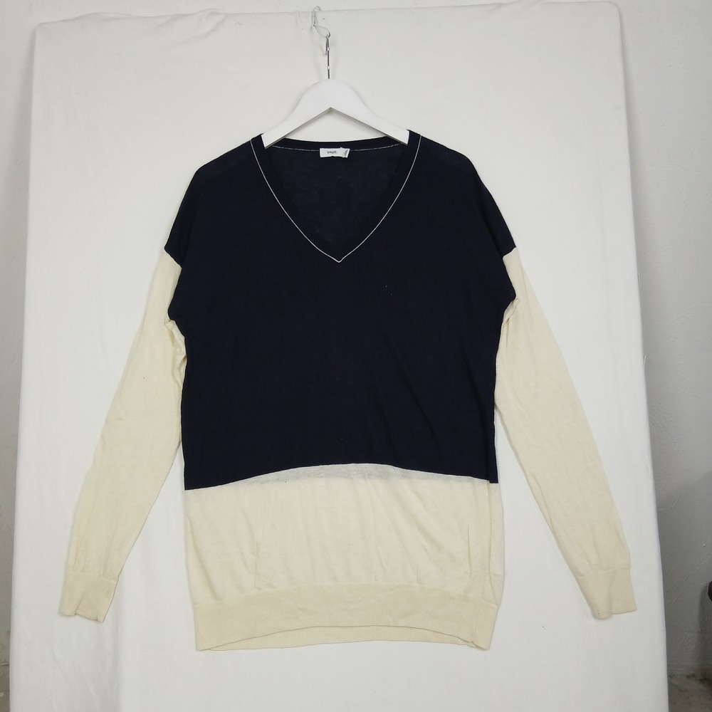 Vince Navy Blue Cream Colorblock Merino Wool Blend V-Neck Sweater Small